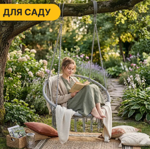 Крісло-гойдалка для дому та саду LEOBRO Boho XL 80 см (Сіре) Садові гойдалки підвісні Підвісні гойдалки - зображення 5