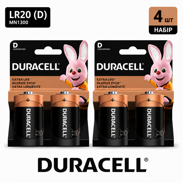 Батарейки Duracell LR20 (D) 1.5V Alkaline, набор 4 шт., щелочные элементы питания для фонарей, радиоприемников и бытовых - Фото 1 Батарейки Duracell LR20 (D) 1.5V Alkaline, набор 4 шт., щелочные элементы питания для фонарей, радиоприемников и бытовых - изображение 1