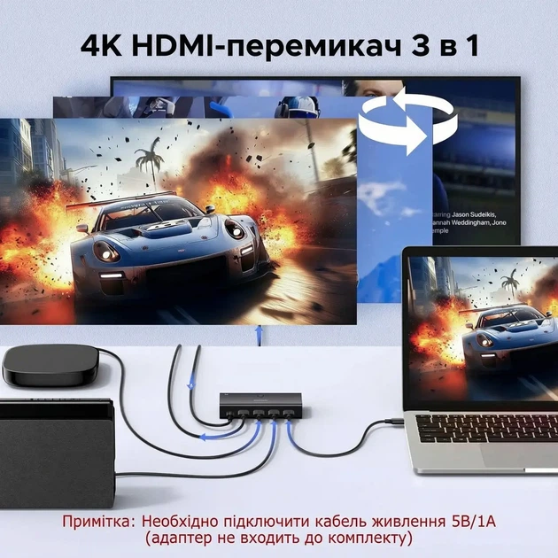 Перемикач HDMI Ugreen 3 в 1 4K 60Гц HDR10+ 3D Dolby Audio з пультом ДК та живленням USB-C Чорний - Фото 9 Перемикач HDMI Ugreen 3 в 1 4K 60Гц HDR10+ 3D Dolby Audio з пультом ДК та живленням USB-C Чорний - зображення 9