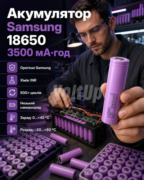 Li-Ion аккумулятор Samsung 18650 3500 мАч - цилиндрический элемент 3.7 В для повербанков, фонарей и батарейных блоков - изображение 3