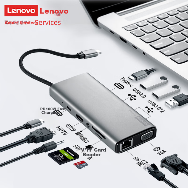 Док-станция расширения Lenovo Type-C, разветвитель USB-концентратора, кабель-удлинитель сетевого порта, VGA-конвертер, адаптер HDMI 4K, кардридер, док-станция расширения PD100W, BY11 (металлический корпус) - Фото 10 Док-станция расширения Lenovo Type-C, разветвитель USB-концентратора, кабель-удлинитель сетевого порта, VGA-конвертер, адаптер HDMI 4K, кардридер, док-станция расширения PD100W, BY11 (металлический корпус) - изображение 10