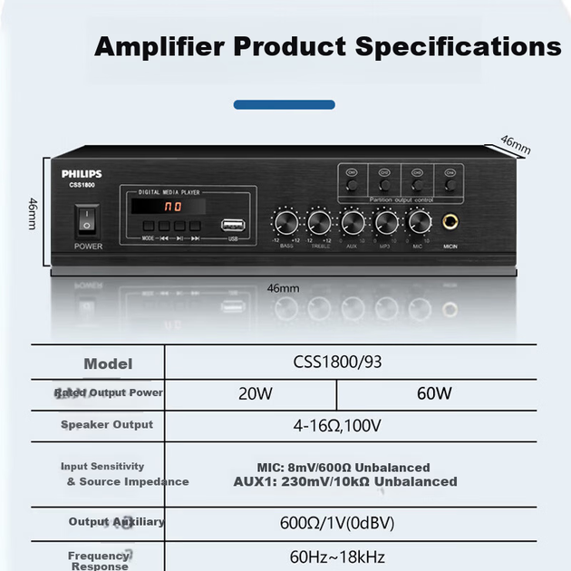 Професійний зонний підсилювач PHILIPS CSS1800/93 з постійною напругою та постійним імпедансом - потужний підсилювач потужності для фонової музики на стелі та стіні, Bluetooth 60 Вт - Фото 3 Професійний зонний підсилювач PHILIPS CSS1800/93 з постійною напругою та постійним імпедансом - потужний підсилювач потужності для фонової музики на стелі та стіні, Bluetooth 60 Вт - зображення 3