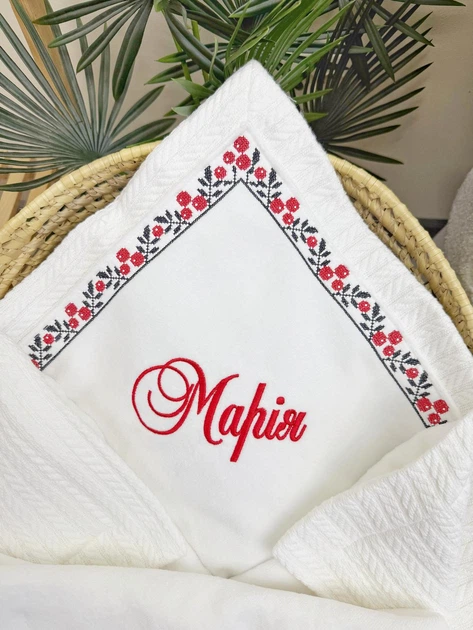 Крыжма для девочки Family Tradition велюровая махра пике косичка с вышивкой 100х100 см белая Вишнёвый сад - Фото 2 Крыжма для девочки Family Tradition велюровая махра пике косичка с вышивкой 100х100 см белая Вишнёвый сад - изображение 2