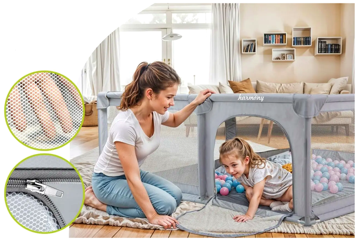 Игровой манеж 150x180 см с 50 мячами для дома и улицы серый Harmony CS-0448 - Фото 7 Игровой манеж 150x180 см с 50 мячами для дома и улицы серый Harmony CS-0448 - изображение 7