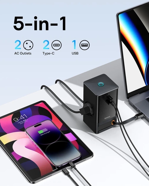 Мережевий зарядний пристрій Baseus PowerCombo Digital PowerStrip 65W (2 AC + 1 USB + Type-C + Кабель Type-C) 1,5м - изображение 4