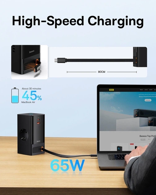 Мережевий зарядний пристрій Baseus PowerCombo Digital PowerStrip 65W (2 AC + 1 USB + Type-C + Кабель Type-C) 1,5м - изображение 5