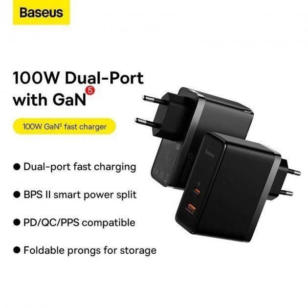 Мережевий зарядний пристрій BASEUS GaN5 Pro Fast Charger 100W 1USB+1Type-C 5A Black - зображення 10