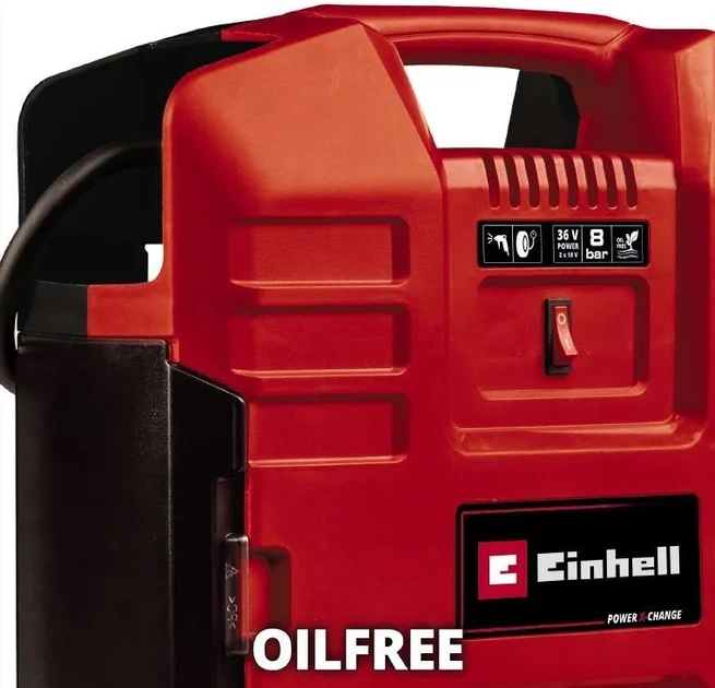 Автомобильный аккумуляторный компрессор Einhell TE-AC 36/8 Li OF Set-Solo PXC, 36В, 130л/мин, в форме чемодана, безмасляный, пистолет и шланг в комплекте, без АКБ и ЗП. - изображение 3