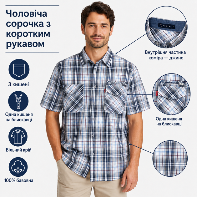 Мужская рубашка Gold Golf Man в клетку из хлопка с коротким рукавом и 3 карманами,XL, Белый с серым - изображение 4