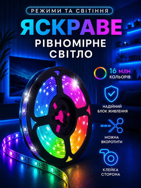 Розумна світлодіодна led стрічка rgb smd 5050 usb з bluetooth додатком різнокольорова вологостійка IP65 самоклеюча з пультом 5 метрів лед діодна ргб мультиколор гірлянда блютуз від юсб powerbank повербанка для підсвічування Авто ТБ ПК 5 вольт (El_App5050) - зображення 3