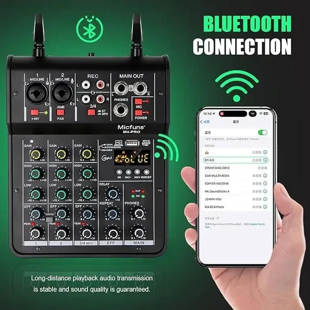 Студийный комплект Micfuns M4-PRO: 4-канальный аудиомикшер + 2 беспроводных микрофона (UHF) - Профессиональная - Б/У - изображение 6
