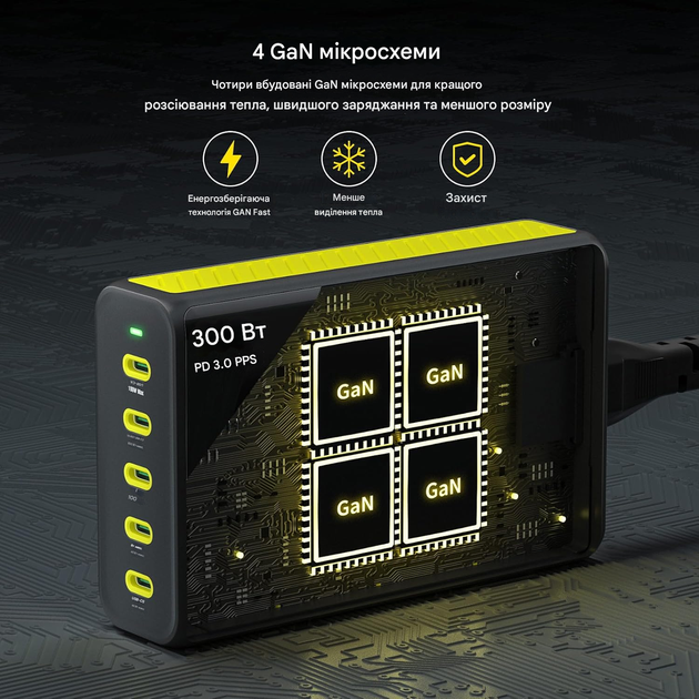 Зарядний пристрій HUNDA 300 Вт USB C GaN, настільна зарядна станція, 5 портів, швидкий адаптер живлення PD 100 Вт - изображение 4