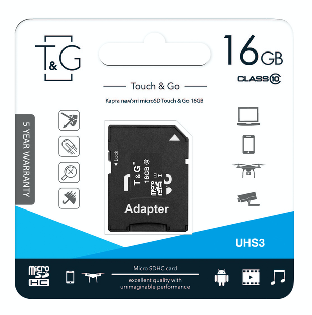 Карта памяти T&G microSDHC (UHS-3) 16GB Сlass 10 (с адаптером) - Фото 1 Карта памяти T&G microSDHC (UHS-3) 16GB Сlass 10 (с адаптером) - изображение 1