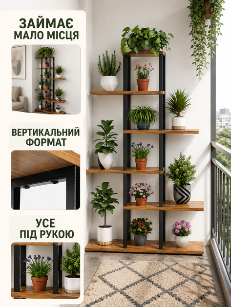 Напольная подставка для цветов 6-ярусная 147×56×24 см стеллаж для растений в стиле лофт черный с полками под дерево (49676089) - изображение 5