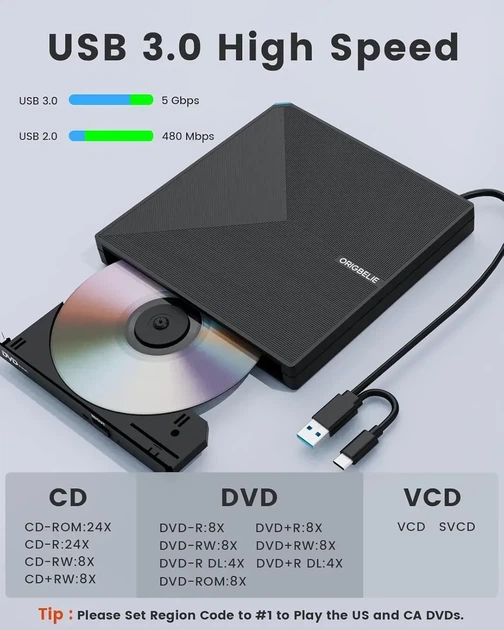 Внешний оптический привод ORIGBELIE BT668 External CD/DVD RW Drive & HDD Device, USB 3.0 Type-C для ноутбука и ПК, - Б/У - изображение 4