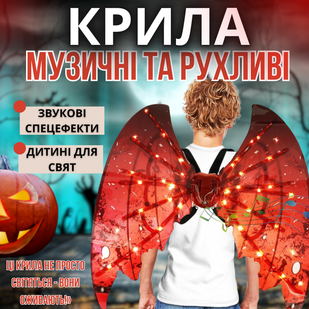 Подвижные музыкальные крылья летучей мыши на Хэллоуин с подсветкой и звуком детские карнавальные крылья для ребенка и танцев - Фото 1 Подвижные музыкальные крылья летучей мыши на Хэллоуин с подсветкой и звуком детские карнавальные крылья для ребенка и танцев - изображение 1