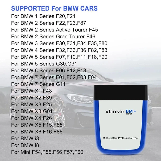 Автосканер Vgate vLinker BM+ Bluetooth BLE OBD2 діагностичний адаптер для BMW (BimmerCode, BimmerLink) та Android / iOS - Б/В - зображення 2