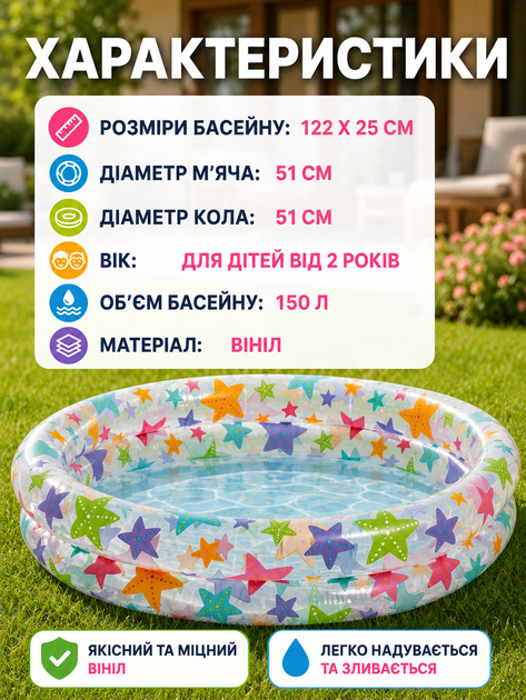 Дитячий надувний басейн Intex 122×25 см з кругом та м'ячем 51 см, набір для водних ігор від 2 років - изображение 2