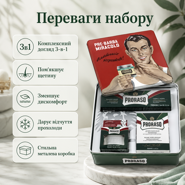 Подарочный набор для бритья Proraso Vintage Selection Gino Refreshing в винтажной металлической коробке с эвкалиптом и ментолом - Фото 3 Подарочный набор для бритья Proraso Vintage Selection Gino Refreshing в винтажной металлической коробке с эвкалиптом и ментолом - изображение 3