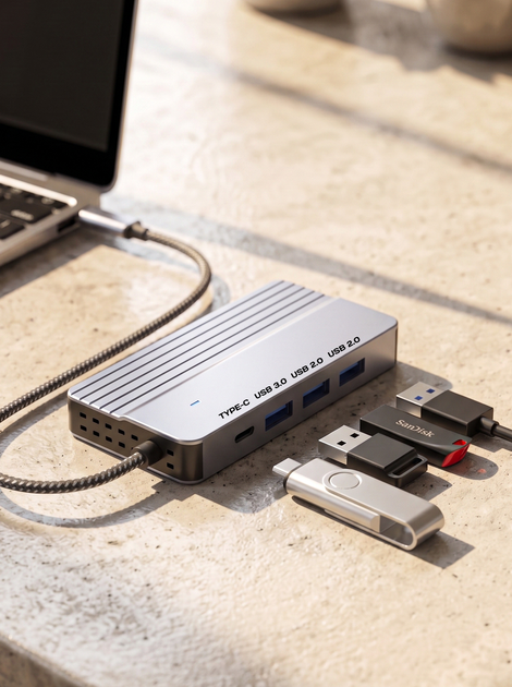 USB HUB 10в1 юсб хаб для ПК та ноутбука - перехідник розгалужувач концентратор для флешек TYPE-C | PD 3.0 | TF | SD | RJ45 | HDTV 4K - зображення 3