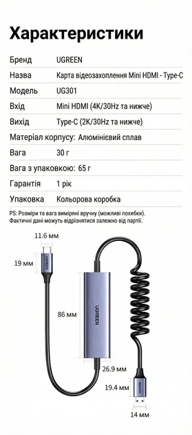 Карта видеозахвата Ugreen Mini HDMI USB-C 2K 100 Вт Gray (UG301) - изображение 10