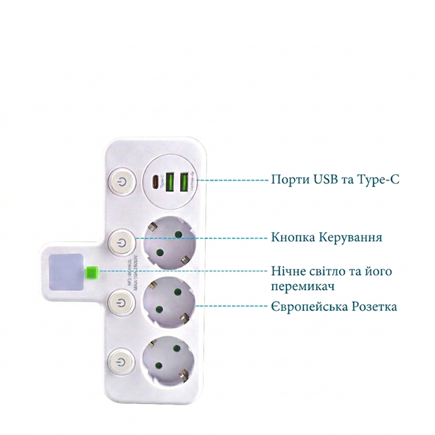 Сетевой разветвитель с ночником, 3 розетки, USB и Type-C, белый - Фото 3 Сетевой разветвитель с ночником, 3 розетки, USB и Type-C, белый - изображение 3