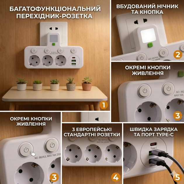 Сетевой разветвитель с ночником, 3 розетки, USB и Type-C, белый - Фото 5 Сетевой разветвитель с ночником, 3 розетки, USB и Type-C, белый - изображение 5