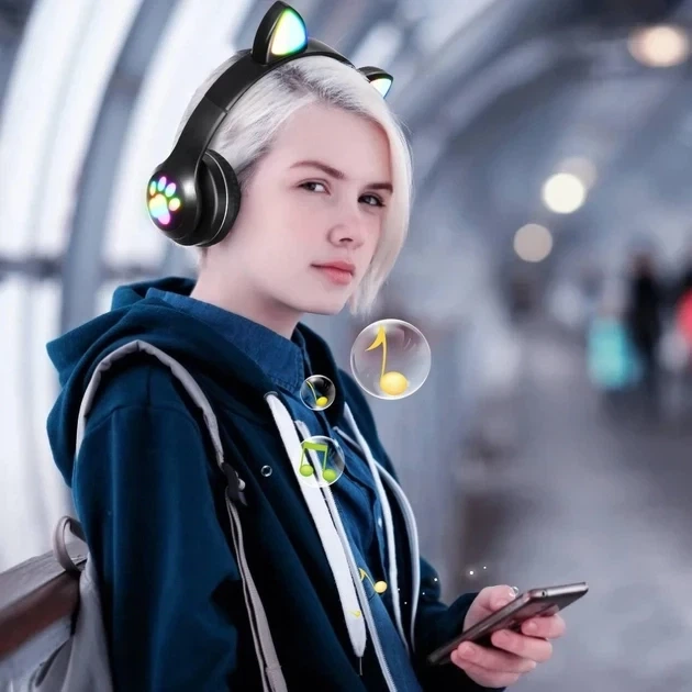 Беспроводные детские Bluetooth наушники с ушками и подсветкой Cat-23M Черный - Фото 3 Беспроводные детские Bluetooth наушники с ушками и подсветкой Cat-23M Черный - изображение 3