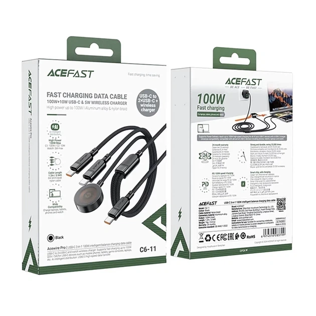 Кабель 3в1 Acefast C6-11 USB-C - 2x USB-C / Qi 480Mb/s 100W 1.2m Black (6974316283799) - изображение 5