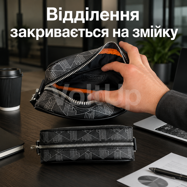 Мужская сумка Lacoste Monogram черная удобная через плечо для телефона, документов и мелких вещей - изображение 3