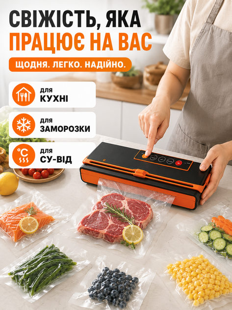 Вакуумный упаковщик для продуктов 150 Вт, бытовой вакууматор с функцией запайки пакетов для мяса, рыбы, овощей и заморозки, черного цвета с оранжевыми элементами (49676107) - изображение 4