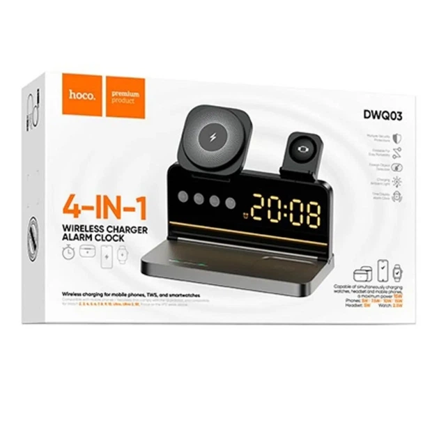 БЗУ Hoco DWQ03 North 4in1 with alarm clock Black - изображение 2