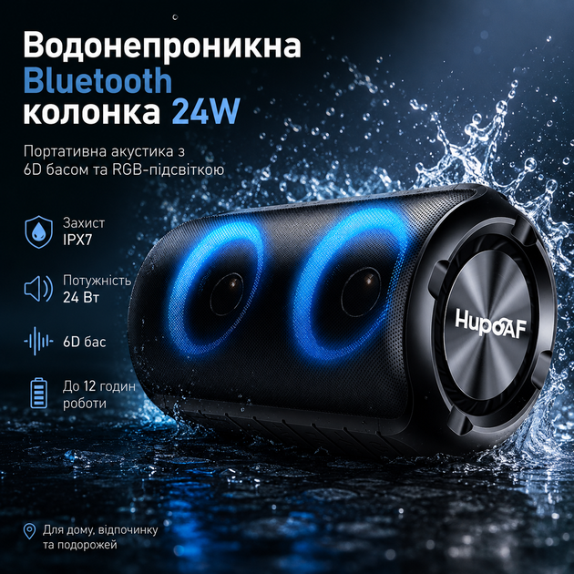 Водонепроницаемая Bluetooth колонка 24W с 6D басом и RGB-подсветкой, портативная акустика IPX7, 12 часов работы - Фото 1 Водонепроницаемая Bluetooth колонка 24W с 6D басом и RGB-подсветкой, портативная акустика IPX7, 12 часов работы - изображение 1