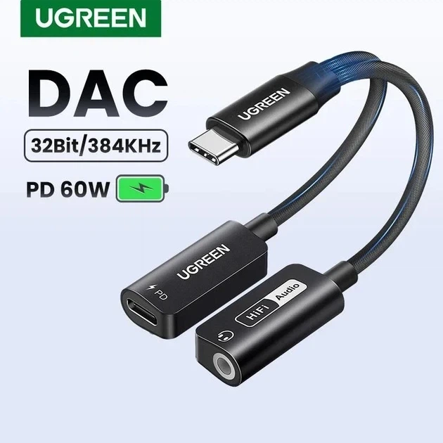 Адаптер UGREEN USB Type-C → 3.5 мм AUX+зарядка PD 60W с DAC аудио-чипом, переходник для наушников и зарядки, звуковая карта 2 в 1 - Фото 2 Адаптер UGREEN USB Type-C → 3.5 мм AUX+зарядка PD 60W с DAC аудио-чипом, переходник для наушников и зарядки, звуковая карта 2 в 1 - изображение 2