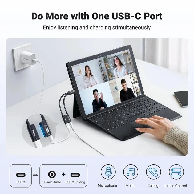 Адаптер UGREEN USB Type-C → 3.5 мм AUX+зарядка PD 60W с DAC аудио-чипом, переходник для наушников и зарядки, звуковая карта 2 в 1 - Фото 5 Адаптер UGREEN USB Type-C → 3.5 мм AUX+зарядка PD 60W с DAC аудио-чипом, переходник для наушников и зарядки, звуковая карта 2 в 1 - изображение 5