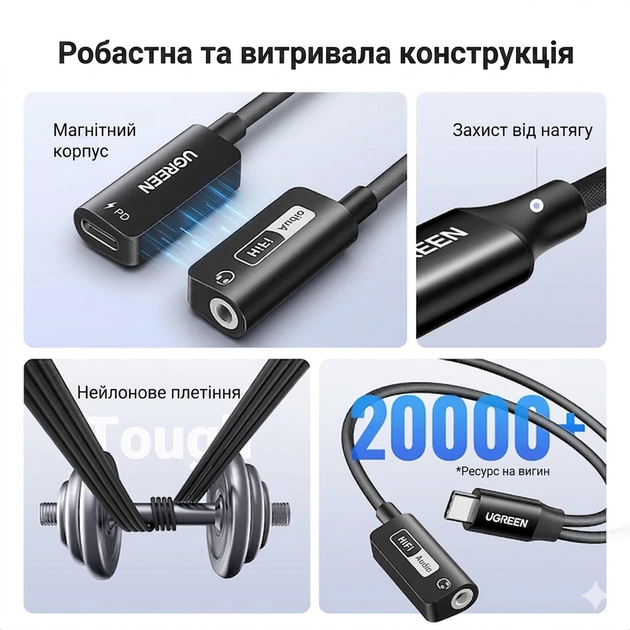 Адаптер UGREEN USB Type-C → 3.5 мм AUX+зарядка PD 60W с DAC аудио-чипом, переходник для наушников и зарядки, звуковая карта 2 в 1 - Фото 6 Адаптер UGREEN USB Type-C → 3.5 мм AUX+зарядка PD 60W с DAC аудио-чипом, переходник для наушников и зарядки, звуковая карта 2 в 1 - изображение 6