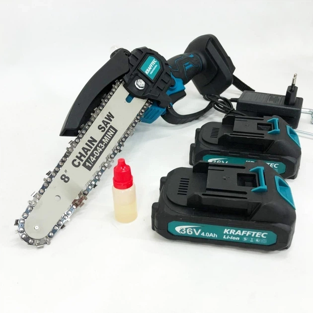 Аккумуляторная мини цепная пила Krafftec 36V 4Ah с двумя аккумуляторами бесщеточным двигателем двумя шинами 15 см тремя цепями автоматической смазкой - изображение 5