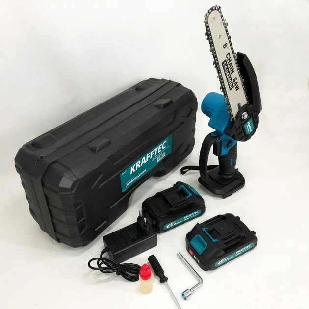 Аккумуляторная мини цепная пила Krafftec 36V 4Ah с двумя аккумуляторами бесщеточным двигателем двумя шинами 15 см тремя цепями автоматической смазкой - изображение 9