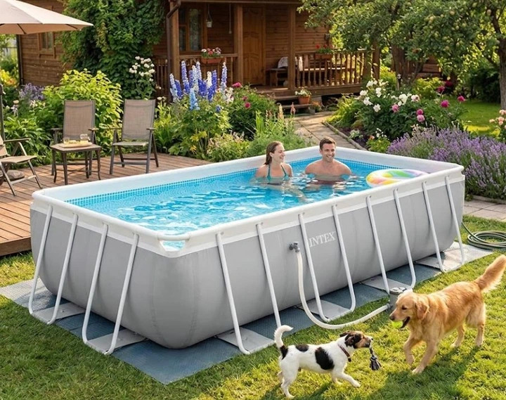 Каркасний басейн Intex 26788 + сходи та фільтр-насос, великий розмір 400 × 200 см для всієї родини, висота 100 см, серія Prism Frame Pool з посиленим каркасом, сірий - зображення 9