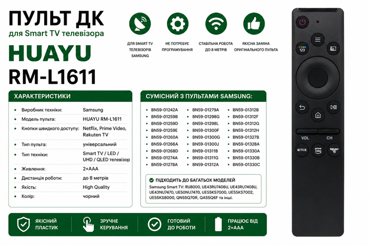 Універсальний пульт дистанційного керування HUAYU RM-L1611 для телевізорів SAMSUNG (BN59-01312B) (ІК-сигнал) - изображение 2