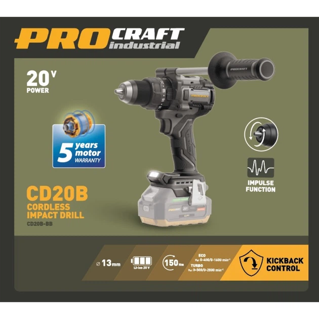Шуруповерт Procraft industrial CD20B (без акб и зп) - Фото 2 Шуруповерт Procraft industrial CD20B (без акб и зп) - изображение 2