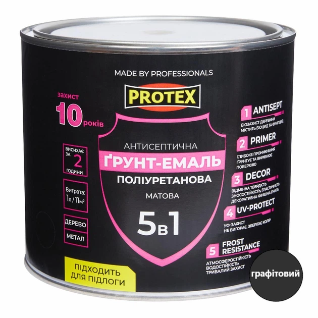 Грунт-эмаль 5в1 полиуретановая для дерева матовая PROTEX RAL 7024 графитовая 2.4кг 2л - Фото 1 Грунт-эмаль 5в1 полиуретановая для дерева матовая PROTEX RAL 7024 графитовая 2.4кг 2л - изображение 1