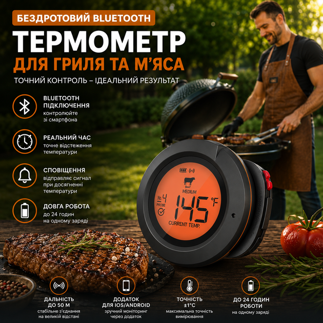 Беспроводной Bluetooth термометр для гриля и мяса Kamado BONO (GRILLI 555501) с LCD-экраном и 2 щупами - Фото 1 Беспроводной Bluetooth термометр для гриля и мяса Kamado BONO (GRILLI 555501) с LCD-экраном и 2 щупами - изображение 1