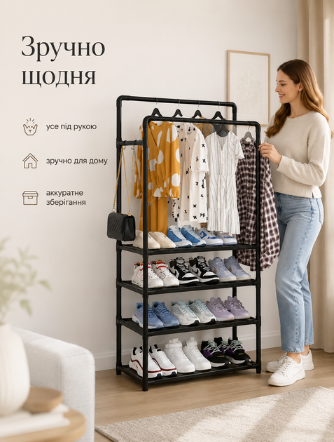 Двойная напольная вешалка для одежды для прихожей с полками для обуви металлическая разборная 134х51х32 см черная - Фото 6 Двойная напольная вешалка для одежды для прихожей с полками для обуви металлическая разборная 134х51х32 см черная - изображение 6
