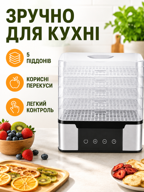 Харчовий дегідратор 350 Вт на 5 піддонів електросушарка для овочів фруктів м’яса та трав 28×21×30 см (49676091) - Фото 2 Харчовий дегідратор 350 Вт на 5 піддонів електросушарка для овочів фруктів м’яса та трав 28×21×30 см (49676091) - зображення 2