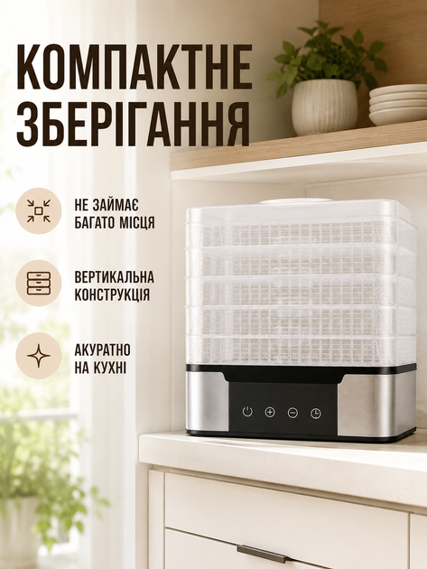 Харчовий дегідратор 350 Вт на 5 піддонів електросушарка для овочів фруктів м’яса та трав 28×21×30 см (49676091) - Фото 5 Харчовий дегідратор 350 Вт на 5 піддонів електросушарка для овочів фруктів м’яса та трав 28×21×30 см (49676091) - зображення 5