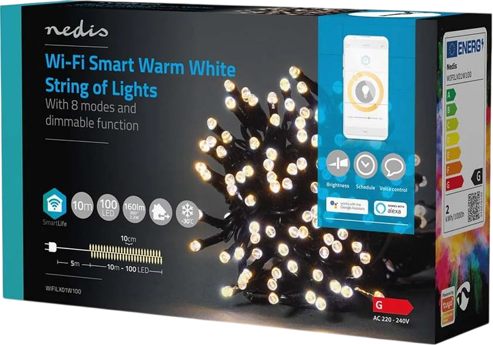Новорічна гірлянда Nedis SmartLife Warm White Wi-Fi WIFILX01W100 10 м (5412810404193) - Фото 2 Новорічна гірлянда Nedis SmartLife Warm White Wi-Fi WIFILX01W100 10 м (5412810404193) - зображення 2