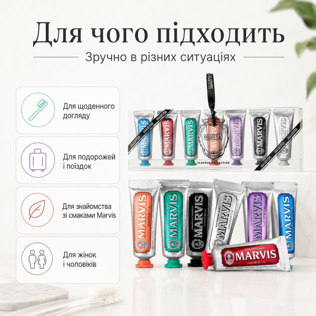 Подарочный набор 7 зубных паст Marvis 7×25 мл с 7 вкусами, итальянский дорожный набор паст - изображение 4