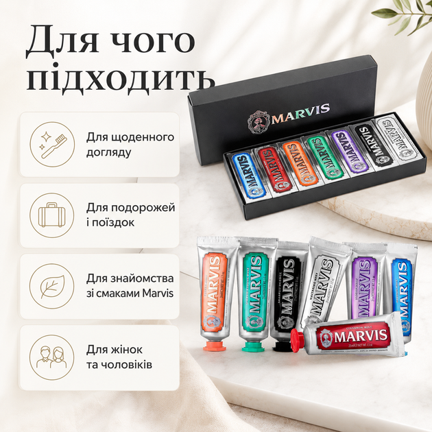 Подарочный набор зубных паст Marvis 7 Flavours Box 7×25 мл в коробке с 7 вкусами, итальянский дорожный набор - изображение 5