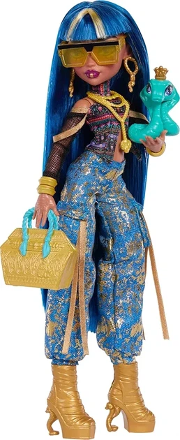 Кукла Monster High Cleo de nile Клео Де Нил в укороченном топе и золотых джинсовых брюках-карго с питомцем-змеей JHK32 - Фото 3 Кукла Monster High Cleo de nile Клео Де Нил в укороченном топе и золотых джинсовых брюках-карго с питомцем-змеей JHK32 - изображение 3